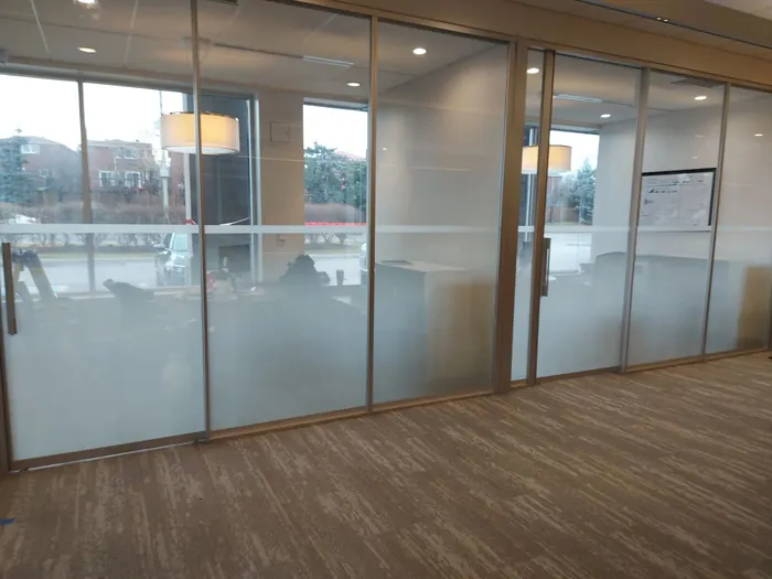 Office glass wall with a dusted crystal vision strip